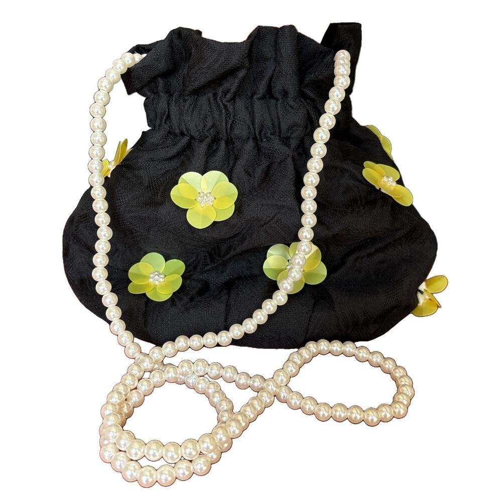 Dream Sister Jane Black Floral Appliqué Drawstring Bag with Pearl Strap